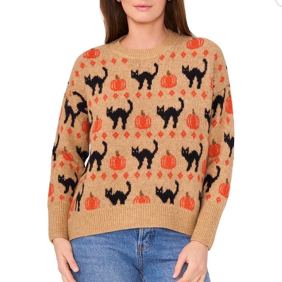 Vince Camuto Sweaters - Vince Camuto Tan Sweater with Black Cats and Orange‎ Pumpkins
